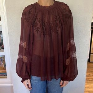 ULLA JOHNSON silk chiffon swiss dot burgundy embroidered top sz 4 sexy feminine